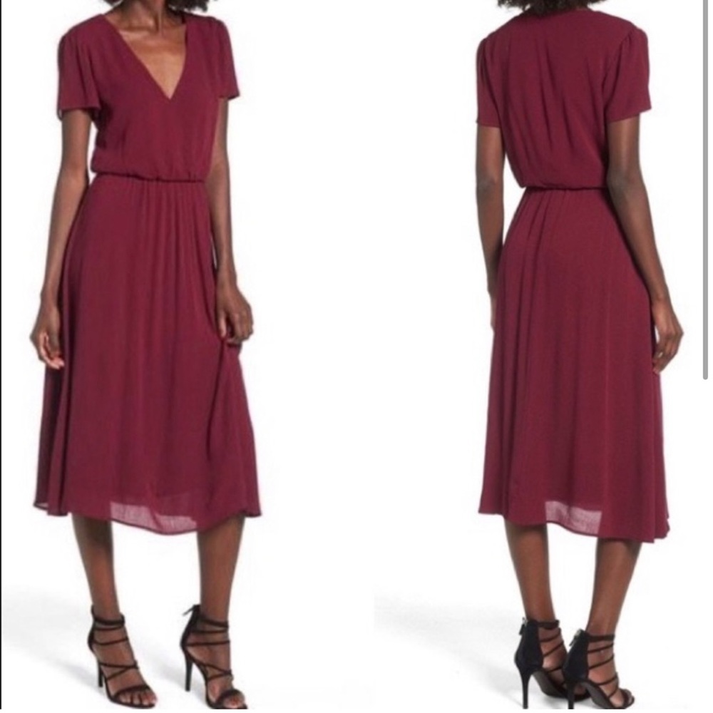 Only worn once! Wayf Blouson Midi Dress in maroon size small